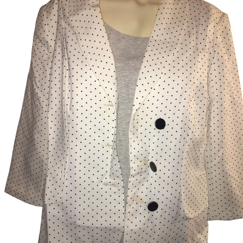 Polka Dot White Women's Blazer Jacket Suit with Skirt
